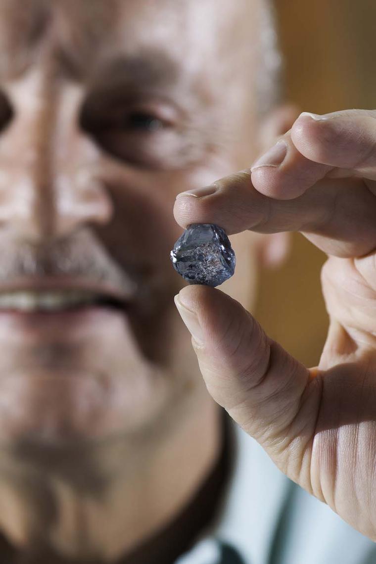 CEO of Petra Diamonds, Johan Dippenaar, holding the 29.6 carat blue diamond recovered in January 2014.